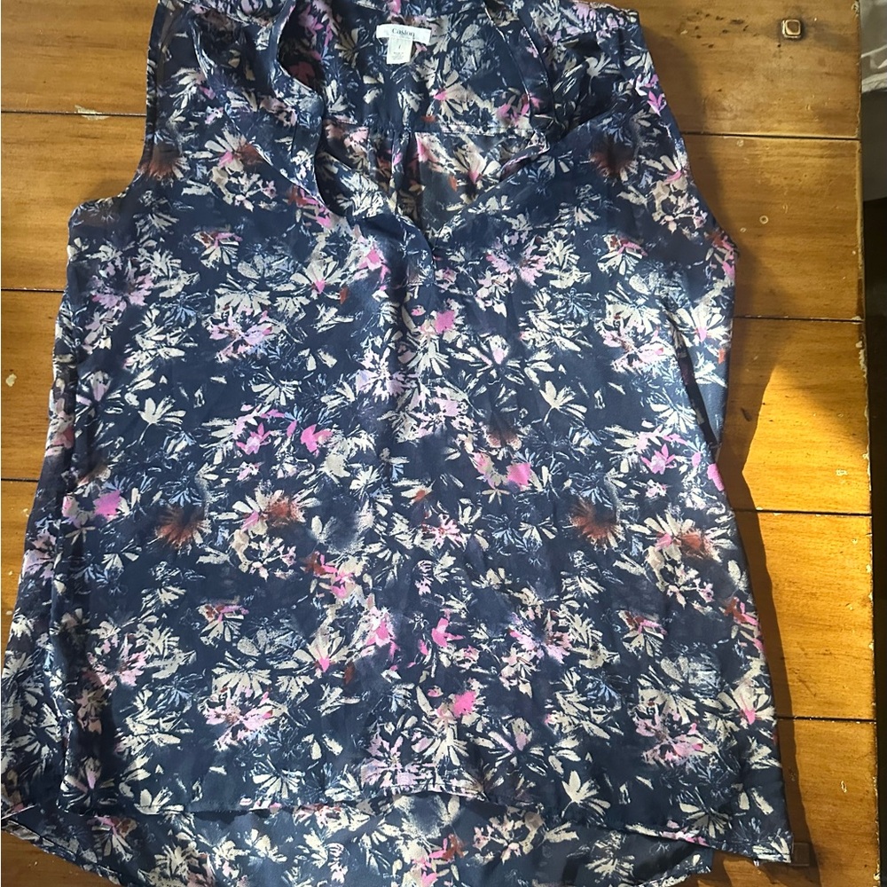 Caslon Floral Sleeveless Blouse - Navy and Pink, Sheer, Sz 4-6, S